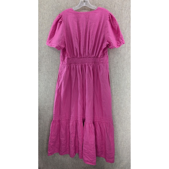 Boden Pink Linen Midi Dress Short Sleeve V Neck Smocked Waist Tiered Hem US 12R - Picture 2 of 6